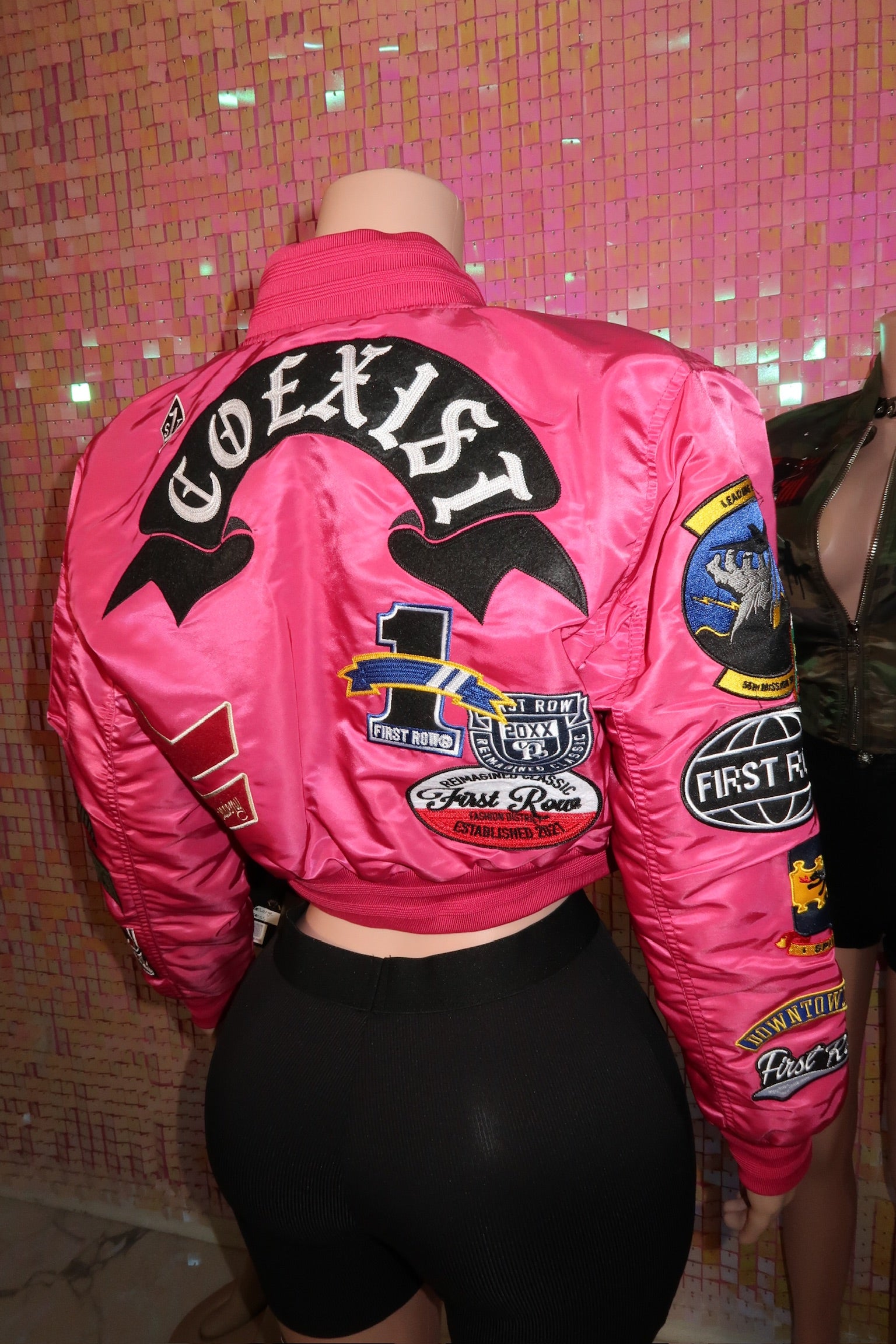 Pink House Kewpie Bomber online Jacket with Leather Sleeves